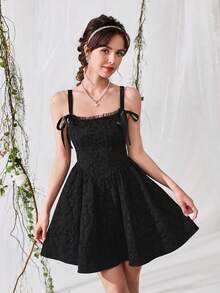 SHEIN MOD Solid Knot Detail Jacquard Cami Dress,Black Jacquard Mini Dress, Square Neck, Flare Skirt, Wide Strap, Party, Wedding, Textured Fabric, Ribbon Tie Detail, Elegant, Sleeveless, Classic, Evening, Summer, Floral, Vintage, Youthful, Statement, Soft, Women, Chic, Fit And Flare - Black - View 3