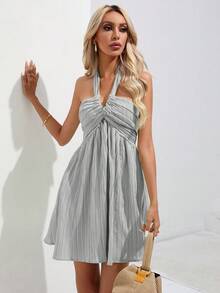 SHEIN VCAY Vestido halter unicolor de espalda abierta con cordón - Gris - Ver 4