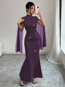 Rafferiza 女士高领亮片网纱开衩披肩式长袖收腰鱼尾下摆连衣裙长裙套装 - 紫色 - 查看 6