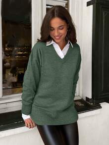 SHEIN Women's Casual V-Neck Drop Shoulder Long Sleeve Pullover Sweater, Autumn/Winter - Mint Green - View 1