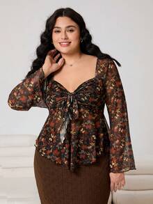 SHEIN EZwear قميص تي شيرت طويل الأكمام ذو أكمام واسعة مع عقدة أمامية، طباعة زهور صغيرة، قماش مطاطي شبكي، مناسب للكاجوال والمواعدة والتنقل والحفلات، مقاسات كبيرة - متعدد الألوان - مشاهدة 3