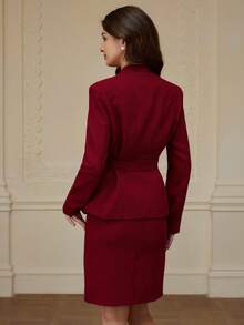 Aveloria Modichic Women's Asymmetric Waist Belt Collarless Long Sleeve Blazer & Pencil Skirt Suit Set - Red - View 2