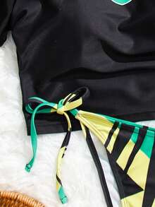 Swim Vcay 女士牙买加度假冲浪运动短袖防晒衣套装，包括系带腰裤、撞色吊带背心和比基尼上衣，颜色为黄色、黑色和绿色。 - 彩色 - 查看 4