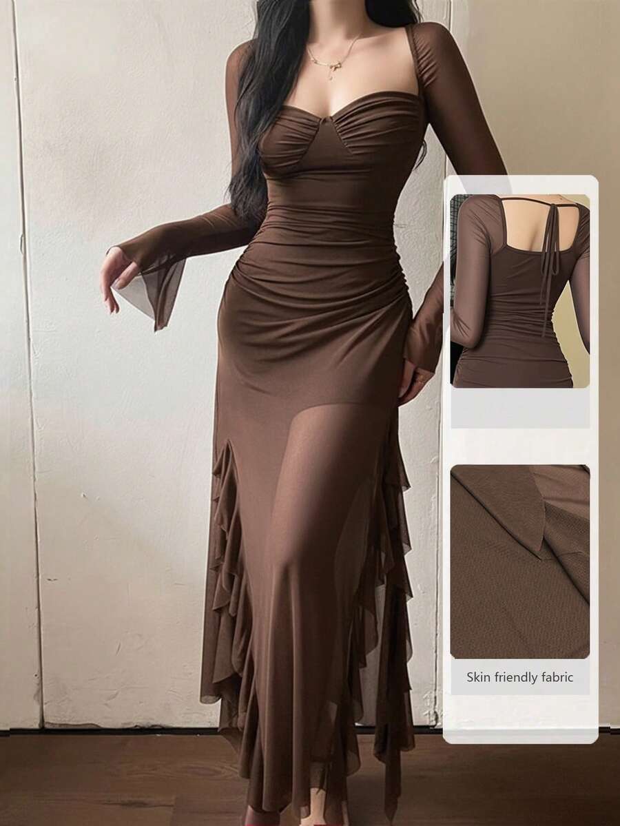 Chiquease 女士奢华晚礼服，纯色荷叶边开衩修身长袖连衣裙 - 棕色 - 查看 1