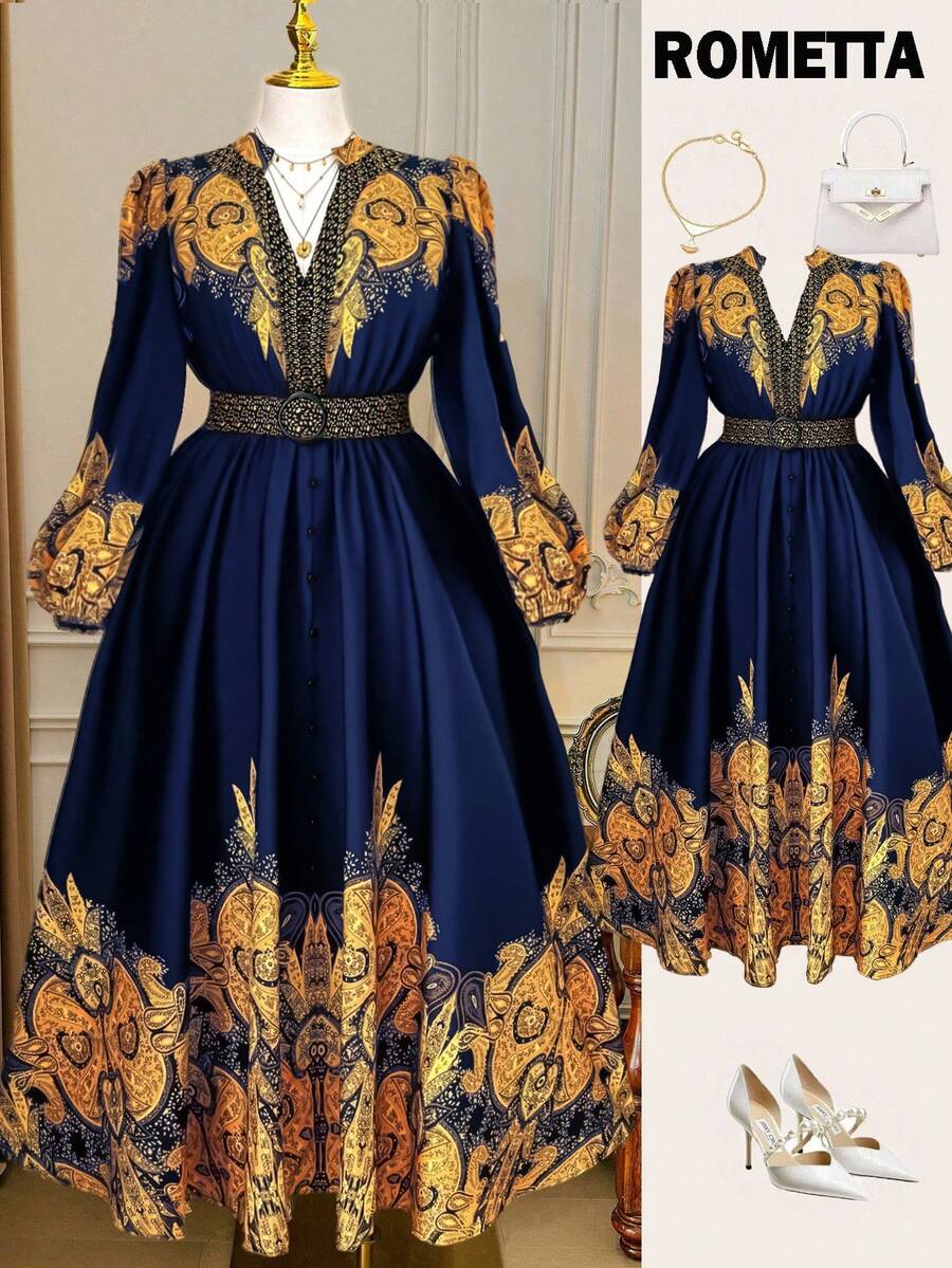 DreamSkyne 永不过时:哥特风学院风,融合星期三的时尚元素。拥抱你内心深处的暗黑女性魅力。这款大码女装时尚百搭,适合泰国马尔代夫海滩度假,采用波西米亚风印花设计,收腰圆领长袖喇叭裙摆,春、秋、冬三季皆宜。 - 彩色 - 查看 1