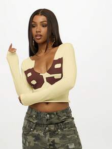 SUMWON 大码长袖蝴蝶印花V领露脐上衣，做旧细节设计，秋冬休闲装 - 鵝黃色 - 查看 4