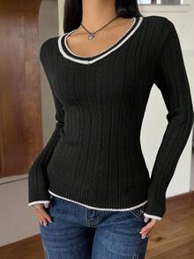 SHEIN EZwear Women's Casual Ribbed Trim Fitted Twist Knit V-Neck Sweater, Autumn Cable Knit Sweater Long Sleeve V-Neck Top,Fall Ribbed Top Knit Top Women Women Long Sleeve Tops Long Sleeve Black Top - Black and White - View 3