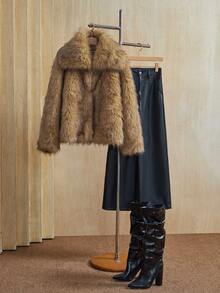 Anewsta 秋冬新款百搭芥末黄宽松翻领长袖毛茸茸外套