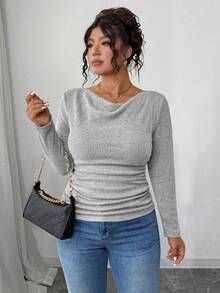 Elenzga Atasan Wanita Ukuran Plus Model Vintage dengan Leher Berlipat Asimetris dan Trim Ruffle Bertekstur, Lengan Panjang Pas Badan, Pakaian Musim Gugur untuk Wanita - Grey - View 6