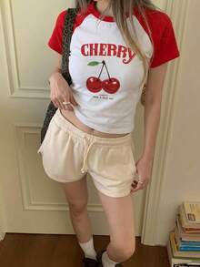 SHEIN EZwear 女士休闲简约樱桃图案圆领短袖露脐紧身T恤，略微透视，适合夏季返校季穿着 - 紅色 - 查看 6