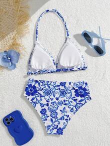 SHEIN Bộ đồ bơi bikini tam giác thắt nút họa tiết hoa nhỏ xinh dành cho bé gái 2 mảnh - Màu xanh lam - Xem 2