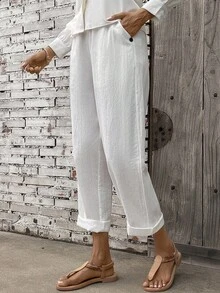 SHEIN PETITE 法式优雅编织常规版型白色女式长裤，夏季新品 - 白色 - 查看 1