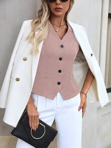 EMERY ROSE Áo vest cổ chữ V màu trơn thanh lịch dành cho nữ khi đi làm - Bụi hồng - Xem 4