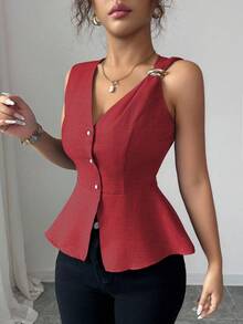 SHEIN Elenzya 新款时尚金属扣V领无袖上衣，收腰设计，百搭女士夏季款 - 紅色 - 查看 6