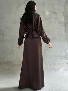 Firerie Women's New Elegant Romantic Casual Urban Commute Elegant Fashion Versatile Coffee Brown Round Neck Batwing Long Sleeve Tie-Waist X-Shaped Regular Fit Blouse & Regular Fit Loose Fish Tail Hem Skirt, Teacher Outfit, Autumn - Brown - View 2
