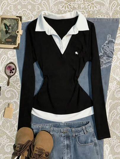 Rina Fox 女士骑士印花纽扣半开襟长袖休闲上衣