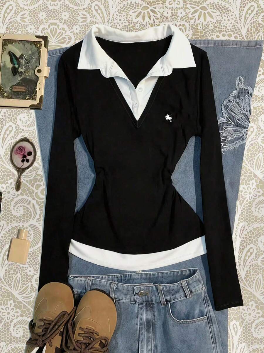 Rina Fox 女士骑士印花纽扣半开襟长袖休闲上衣 - 黑色 - 查看 1