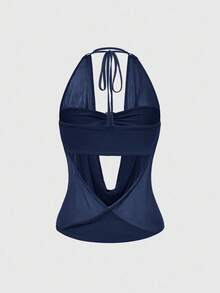 ROMWE Hippie Women's Y2K Retro Deep Draped Neck Backless Halter Crop Top (Includes Bandeau Bra) - Blue - View 2