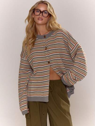 MUSERA Button Through Oversized Stripe Knit Cardigan Cute Cool Girl Cosy Winter Everyday Clean Girl Casual Cottage Core Old Money Butterscotch Evening Party Elegant Spring Sweater Vacation