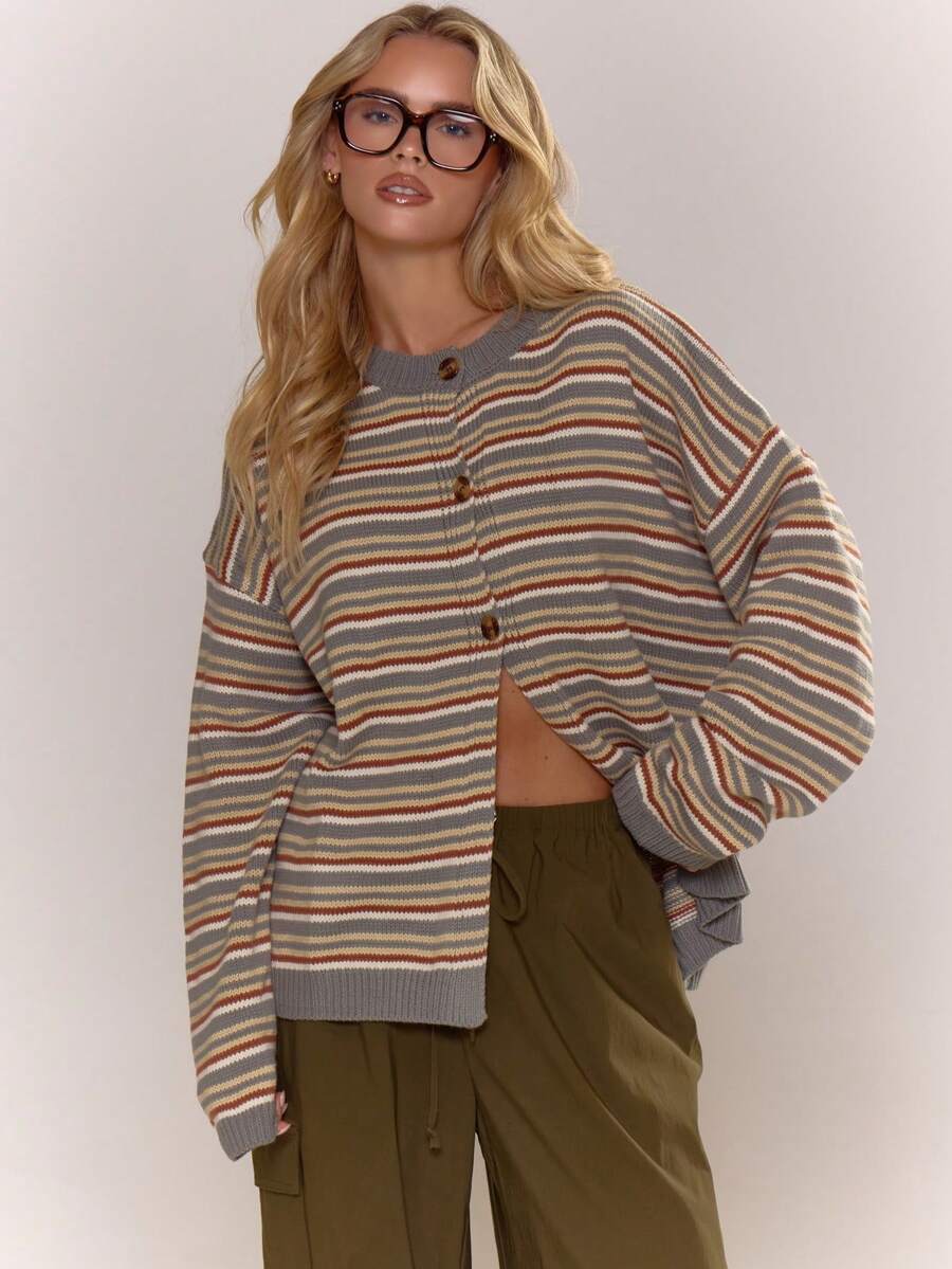 MUSERA Button Through Oversized Stripe Knit Cardigan Cute Cool Girl Cosy Winter Everyday Clean Girl Casual  Cottage Core Old Money Butterscotch Evening Party Elegant  Spring Sweater Vacation - Dark Grey - View 1
