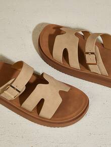 SHUZIA 设计师灵感的女士带扣绑带镂空露趾舒适鞋垫粒面灰褐色厚底拖鞋 - 别致、支撑性好且用途广泛 - 淺灰色 - 查看 6