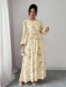 Modelyn Chiffon Butterfly Print Ruched Round Neck Long Sleeve Dress - Yellow - View 3