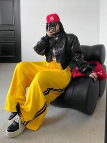 POPSWAY Quần nỉ sọc vàng phong cách thể thao rộng rãi cho nữ, quần ống rộng cạp cao có dây rút, mùa thu 2025 - Màu vàng - Xem 4