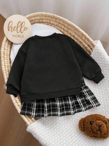 SHEIN 女童卡其色卫衣拼接格子裙卫衣连衣裙，复古时尚百搭休闲日常装 - 黑色 - 查看 2