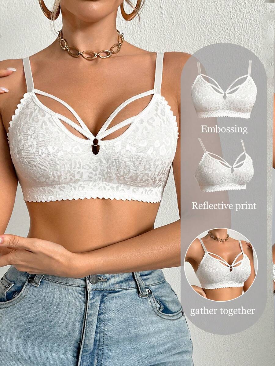 DesireSculpt 1pc Women's Leopard Print Hollow Design Wireless Bra - White - View 1