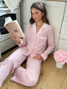 Snug Reverie Pink Striped Patchwork Lapel Long Sleeve Pajama Set Light Pink Pajama Set Bridesmaid Pajamas Set Personalised Sleep Wear Women 2 Pieces Set Mom Pink Pj Set Women Women's Loungewear Set - Baby Pink - View 3