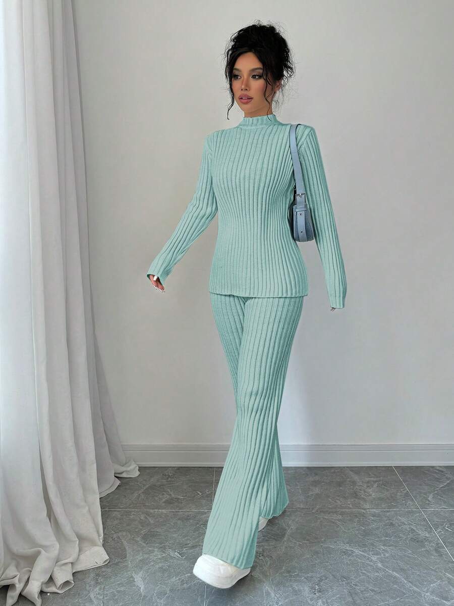 SHEIN PETITE 女款薄荷綠兩件式針織毛衣套裝,秋季休閒居家服,優雅專業辦公通勤裝,復古街頭風米色上衣,適合嬌小女性 - 薄荷綠 - 查看 1