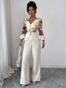 Elenzga Elegantes Set in Große Größen mit floraler Stickerei, transparentem V-Ausschnitt und Langarmoberteil sowie Hose