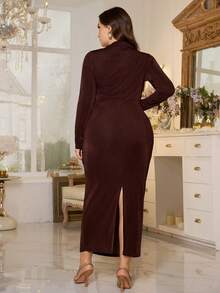 Modelyn Women's Ruched Long Sleeve Elegant Plus Size Dress - Brown - View 2