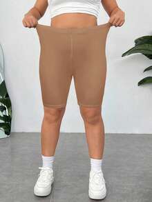 SHEIN EZwear 卡其色高腰松紧腰大码女式紧身休闲短裤 - 卡其色 - 查看 4