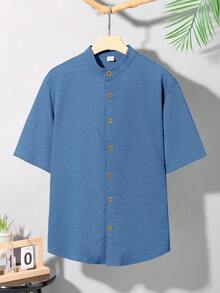 SHEIN 青少年男童纯色单排扣短袖纹理休闲衬衫，舒适时尚，适合夏季穿着，可用于休闲、上学、旅行和海滩度假等场合。 - 藍色 - 查看 3