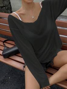 DAZY Women's Oversized V-Neck Long Sleeve Sheer Casual Loose Top, Urban Street Style T-Shirt For Summer Spring - Black - View 5