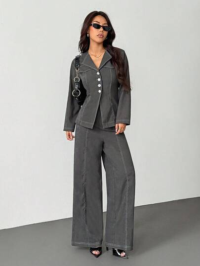 SHEIN PETITE 纽扣长袖衬衫和休闲裤套装