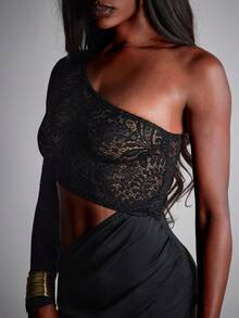 Hauture 女士蕾丝吊带开衩性感连衣裙 - 黑色 - 查看 5