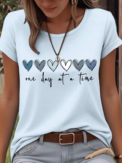 SHEIN LUNE Heart & Letter Slogan Round Neck Short Sleeve Women T-Shirt