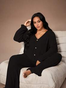 Lazeform Soft Rib Knit Ruffle Trim Front Button Decor Romantic Elegant Loungewear Casual Plus Size Pajama Set - Black - View 1