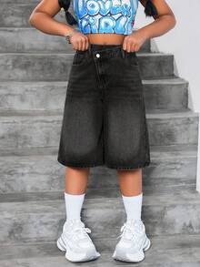 SHEIN Tween Mädchen Y2K Vintage ausgewaschene asymmetrische Taille Loose Fit blaue Denim Bermuda Shorts, für Streetwear - Schwarz - Übersicht 5