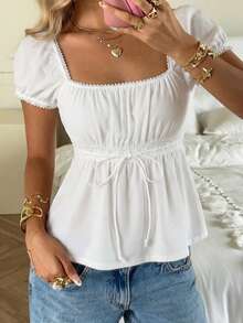CovetEZ Summer Outfits Square Neck Puff Sleeve Tie Front Tee