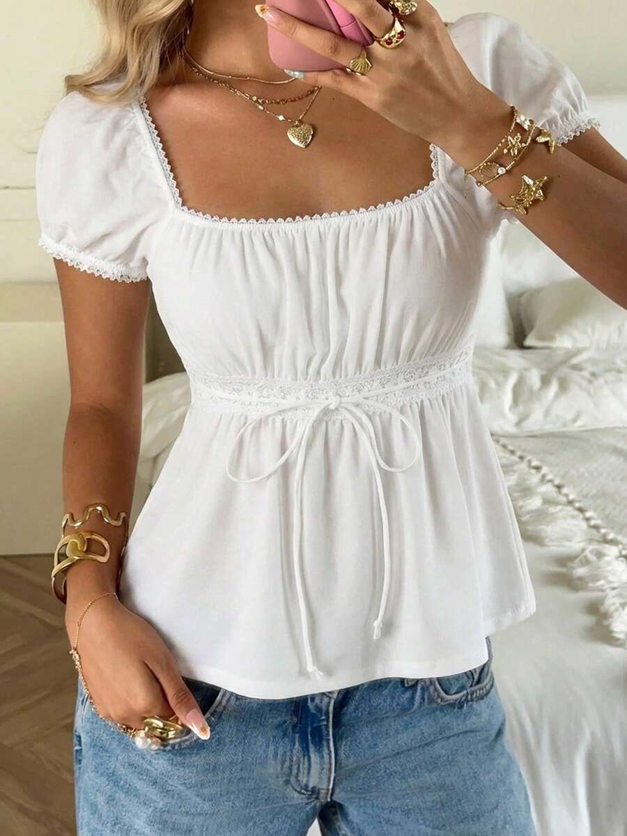 CovetEZ Summer Outfits Square Neck Puff Sleeve Tie Front Tee