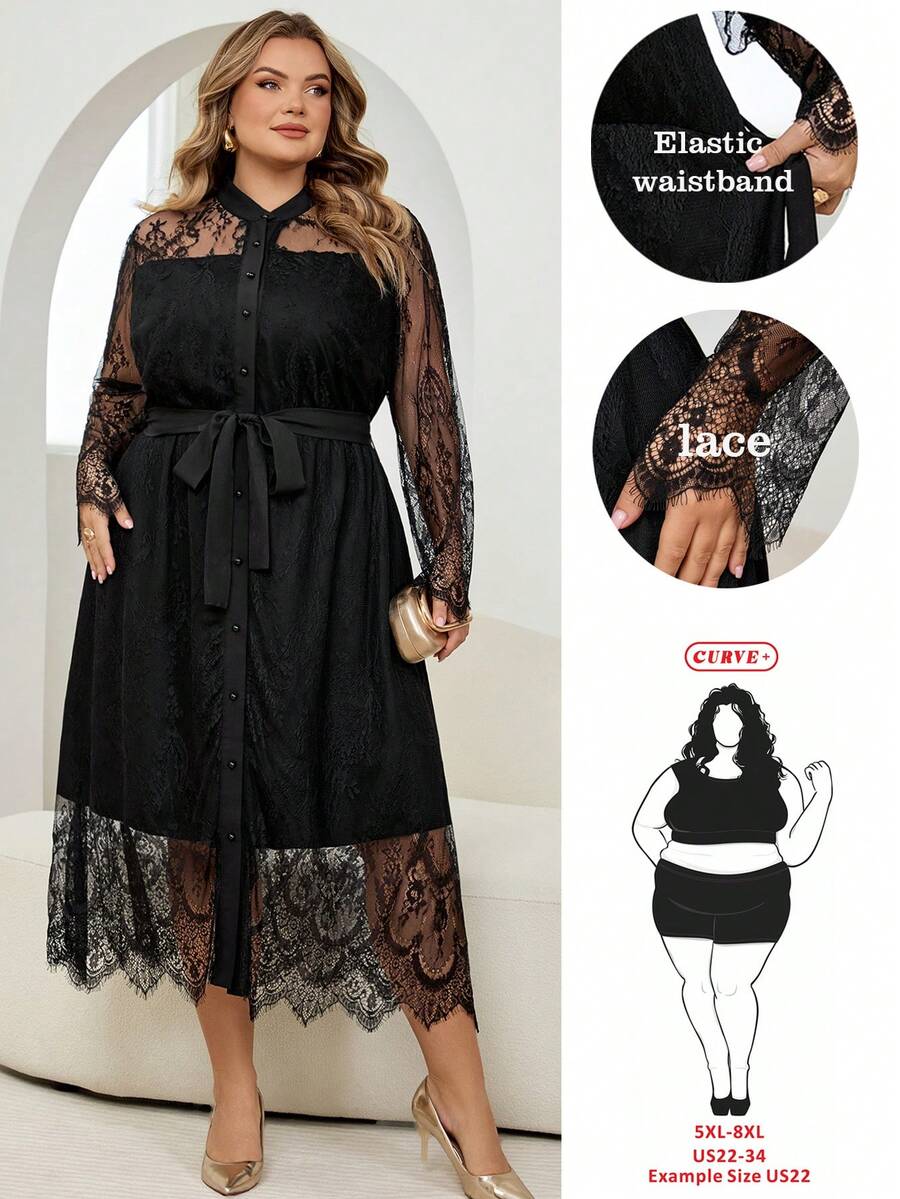 SHEIN CURVE+ 秋冬季优雅职场黑色针织蕾丝立领喇叭形撞色蕾丝长袖大码连衣裙 - 黑色 - 查看 1