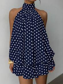 Aloruh Women's Elegant Polka Dot Print Halter Backless Mini Dress Polka Dot Halter Top - Navy Blue - View 3