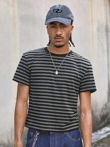 AXEPEAK Men's Casual Striped Print Round Neck Short Sleeve T-Shirt - Black - View 3