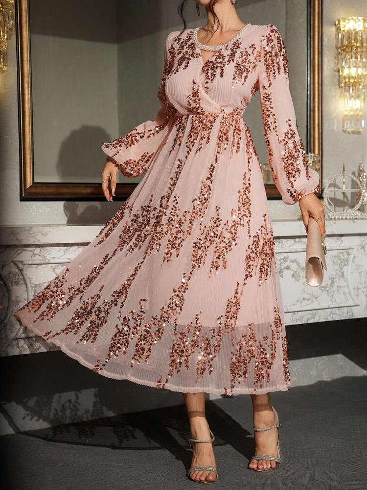 Elegant V-Neck Sequin Waist Cinched Puff Sleeve Dress For Women Carnival Sparkly Dress