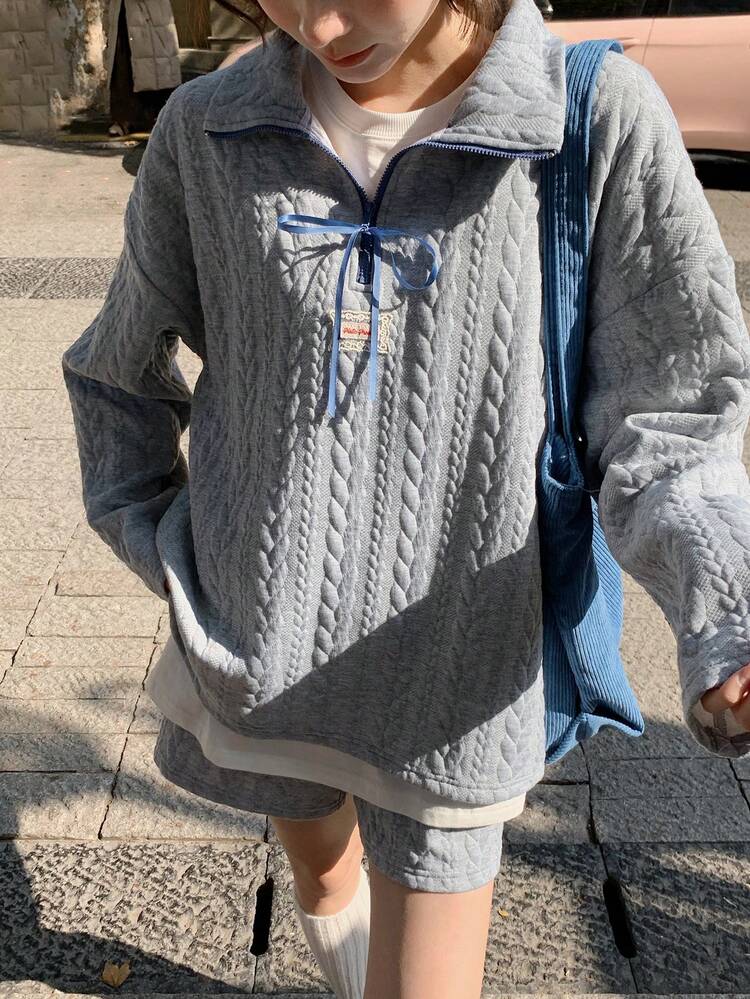 2pcs Women Knitted Textured Bowknot Decor Top And Shorts Set, Korean Style