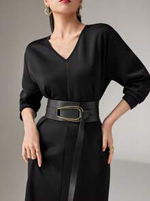 Heiryn V-Neck Waist Cinched Slimming Elegant & Comfortable Dress - Black - View 2