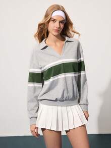 CourtClass Camicia polo donna autunno/inverno con colletto alla coreana, righe a contrasto, modello ampio, adatta per sport casual, tennis, golf, abbigliamento sportivo e tempo libero per donna - Grigio Chiaro - Visualizzare 6